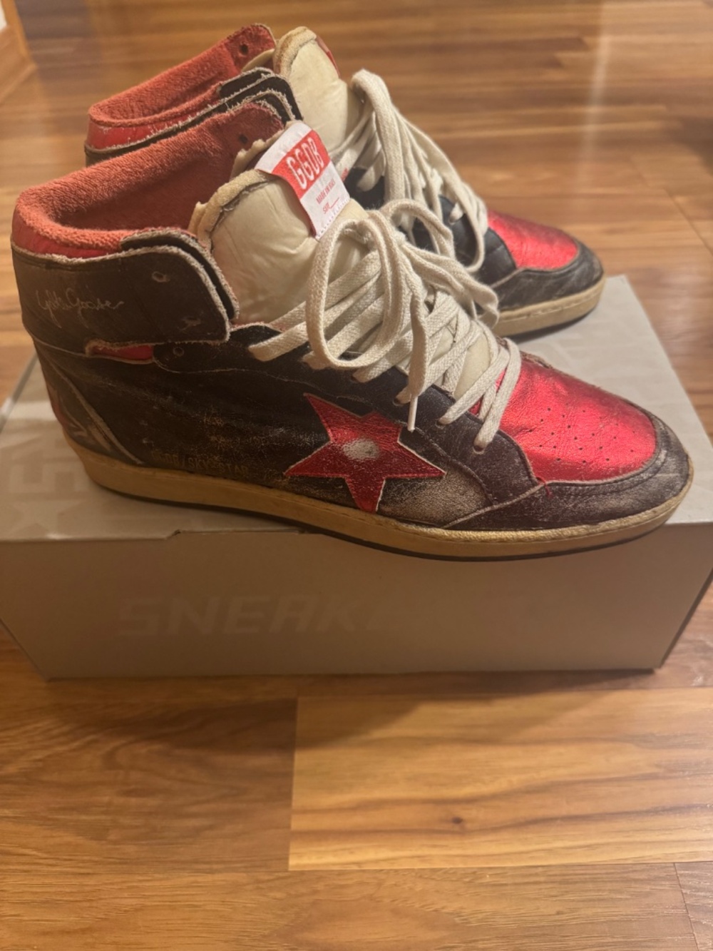 Golden Goose Sky Star High Top Sneakers Black Red Metallic Leather EU 44 US 11 - Picture 3 of 6